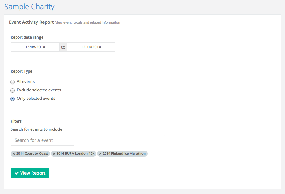 Sample Charity Report filters